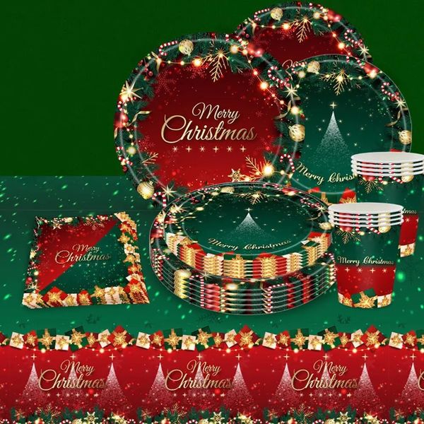 Christmas Party SuppliesDisposable Dinnerware Include Paper Plates Cups Napkins Tablecloth 241119