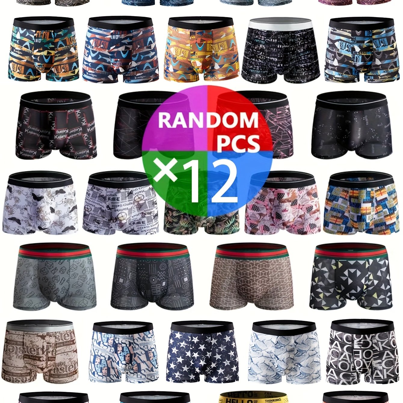 TEMU 12pcs Men's Boxer Briefs - Breathable, Soft Material, Assorted Prints, Stretchy & , Casual Attire