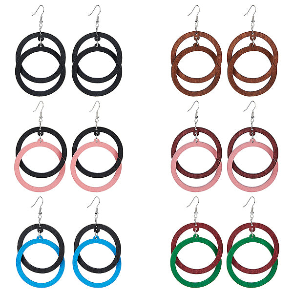 6 paire de boucles d'oreilles pendantes à double anneau en bois de 6 couleurs avec épingles en fer pour femmes