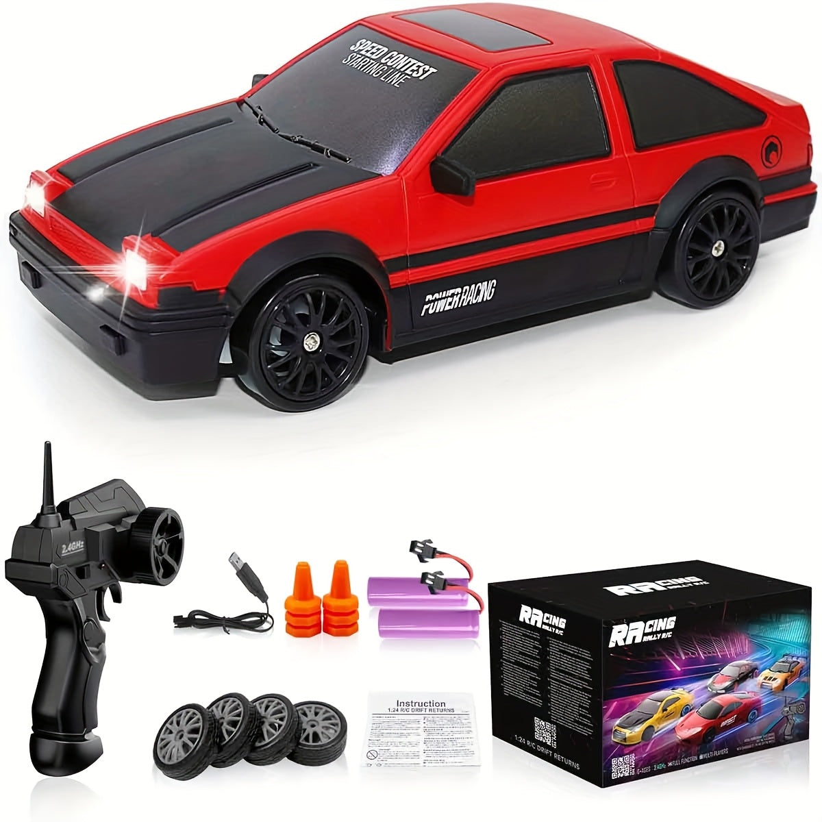 TEMU 1:24 Scale Drift Car Remote Control Toy, 4wd With Flashing Lights, Tires & Tools, Usb Rechargeable Lithium Battery, Push Button Control, Ideal