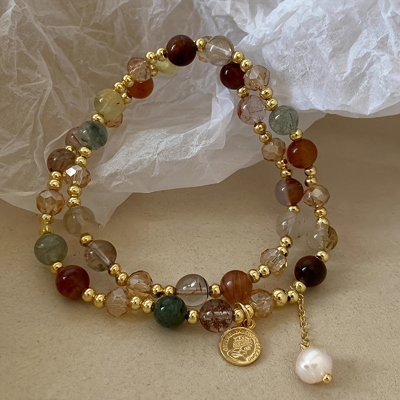 TEMU Elegant Vintage-inspired Double Layer Copper Beaded Bracelet Set - Perfect For Casual Attire & Gifting