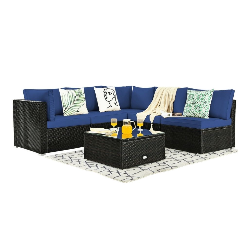 6-Piece Rattan Patio Furniture Set with Glass Top Table - Navy