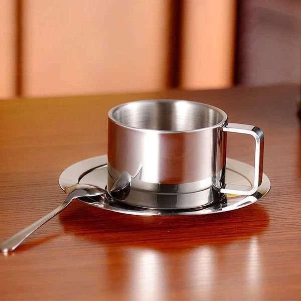 1 conjunto de xícara de café em aço inoxidável com copo resistente ao calor de parede dupla equipada com molho Spoon Beverage Table Kitchen