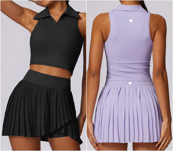8600 Womens Yoga Outfit Yoga Sets Skirts Vest Tennis Sport Running Skirt Elastic High Waist Sportwear Lined Breathable Turn-Down Collar