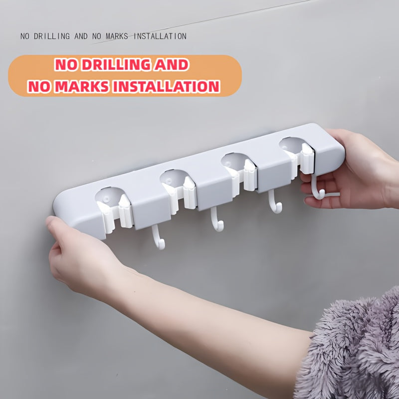 TEMU Heavy-duty Plastic Wall-mounted Mop And Broom Holder With Flexible Silicone Clips - No-drill Adhesive Storage Rack, Multi-hook Design For