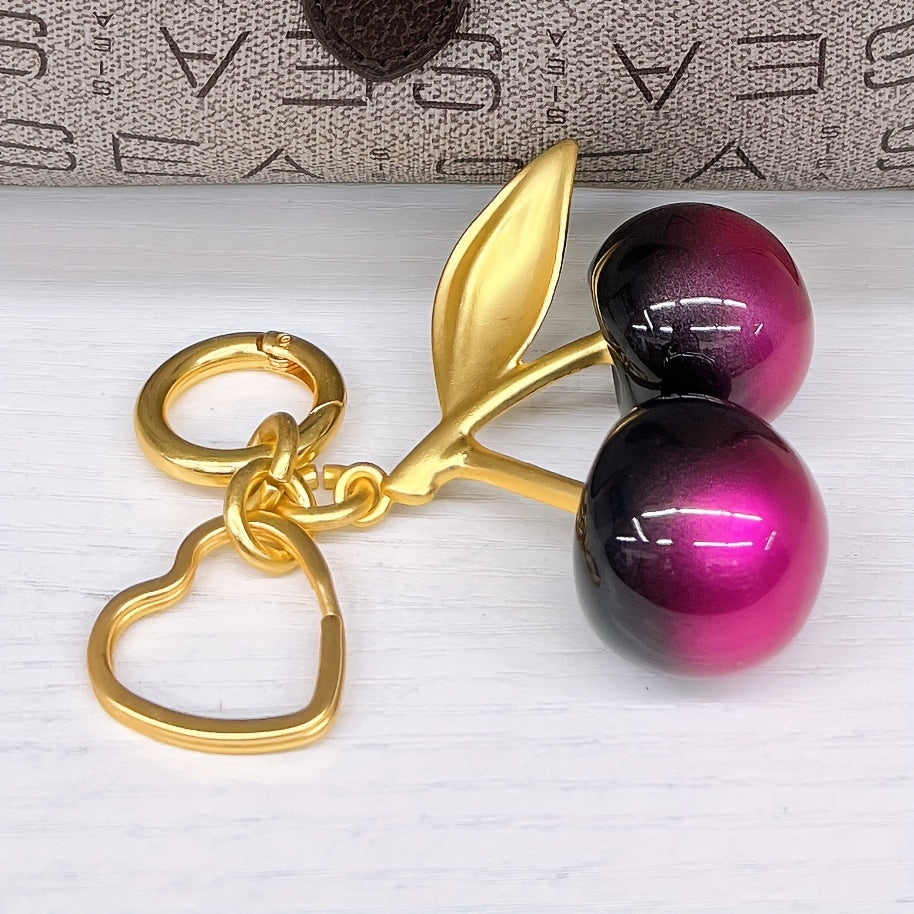 TEMU Glossy Cherry Keychain With & Leaf Charm - Shiny Resin & Alloy Women's Key Ring For Handbags, Backpacks, Wallets - Cute Fruit-shaped Gift