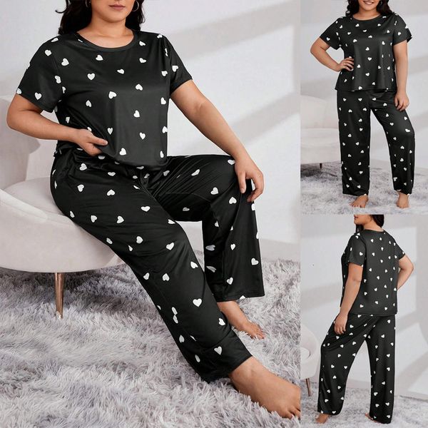 Designer&#039;s Four Seasons Women&#039;s Round Neck Large Size Long Sleeve Heart Printed Home Clothes Sleepwear