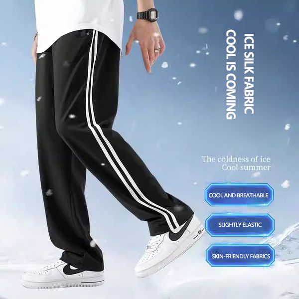 Summer thin ice silk school uniform pants for middle and high school students one stripe and two stripes deep blue straight leg school pants