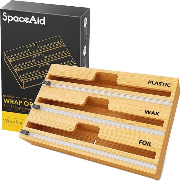 Other Kitchen Tools Bamboo Cling Film Cutter Rotary Cutting Holder Storage Box Food Wrap Dispenser with Sliding Refillable 221205