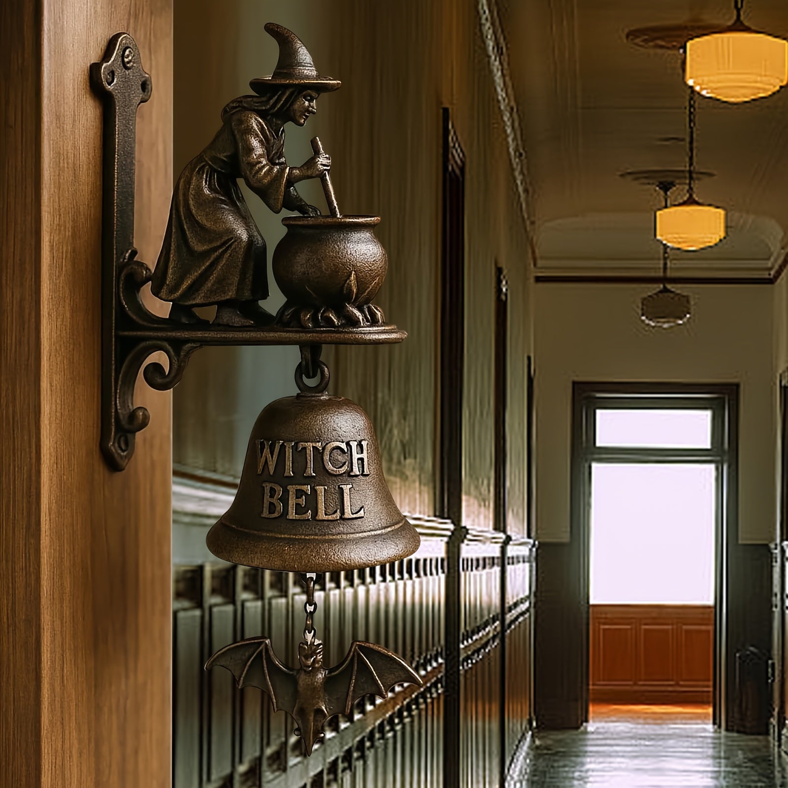 TEMU Msgweeeg Halloween Doorbell Decoration - Vintage Metal Hat & Broomstick Design, No Electricity Needed, Durable Iron Construction For Spooky Home