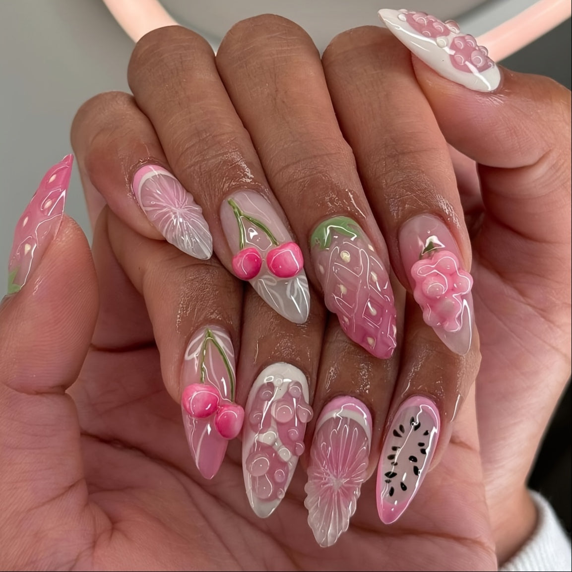 TEMU 24pcs Set Of Glossy Almond-shaped Press-on Nails With 3d Cherry & - Medium Length, Mixed Colors For Hands, Feet & Nail Care