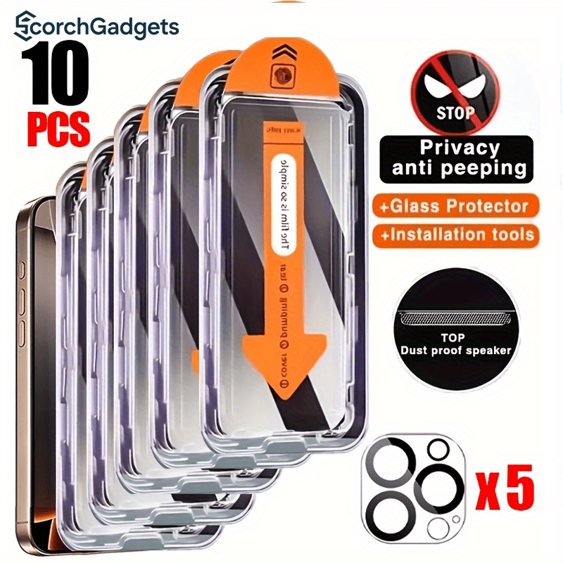 TEMU [5+5pcs] 5pcs Full Cover Privacy Screen Protector + 5pcs Camera Lens Protector For Iphone 16-15-14-13-12 - 9h Tempered Glass Film, Anti-scratch,
