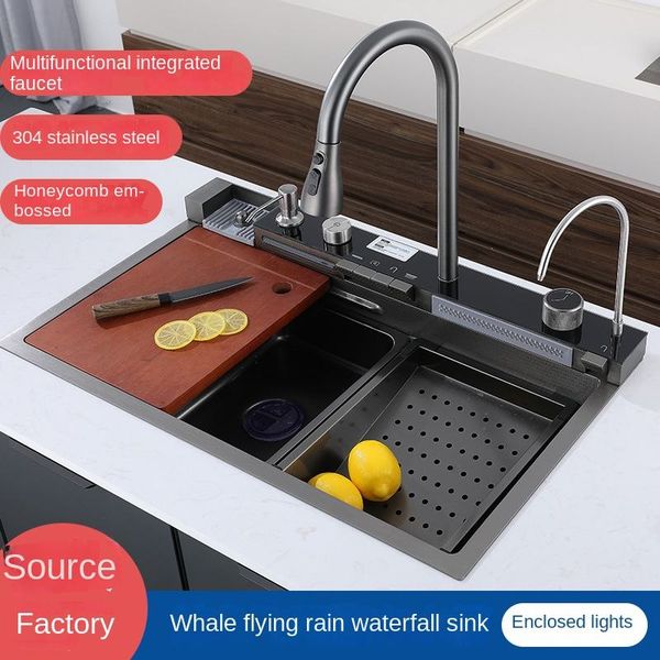 Kitchen Sinks 304 Stainless Steel Waterfall Kitchen Sink Large Single Slot Integrated Digital Display Faucet Set Soap Dispenser Cup Washer