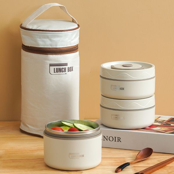 Lunch Boxes Portable Thermos 304 stainless steel insulated lunch box leakproof sealed bucket student multi layer Round bento 230919