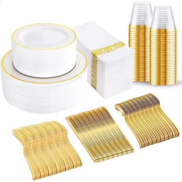 350 pieces of gold and plastic tableware set -50 disposable gold and plastic tableware for guests including 50 plates and 50 dessert plates