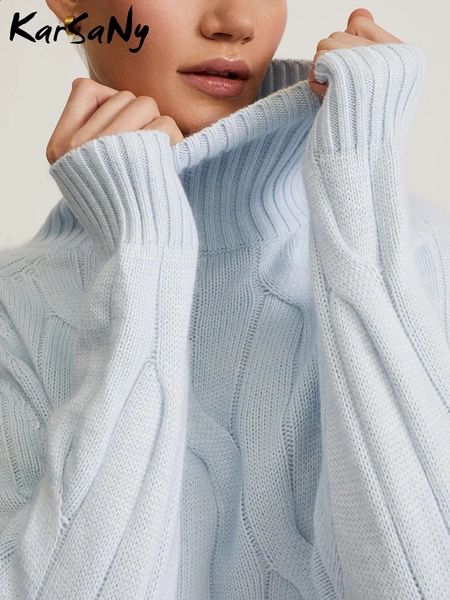 Knitted pullover sweater navy blue collar elegant womens extra thick jumper autumn warm high neck oversized 240906