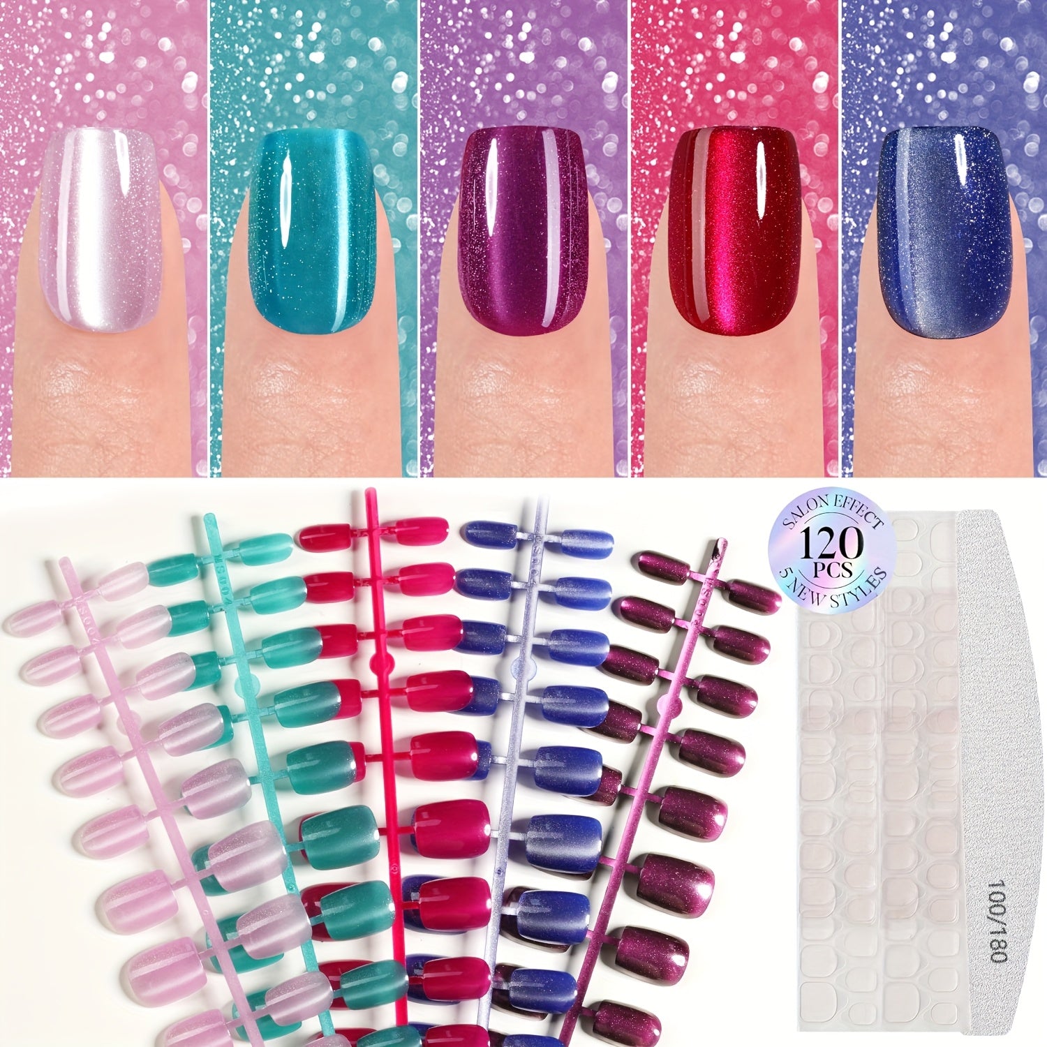 TEMU 120pcs Shiny Eye -on False Nails, 15 Sizes Of False Nail Patches, Soft Gel False Nails, Glossy Full-cover Removable Nails, Suitable For Women's