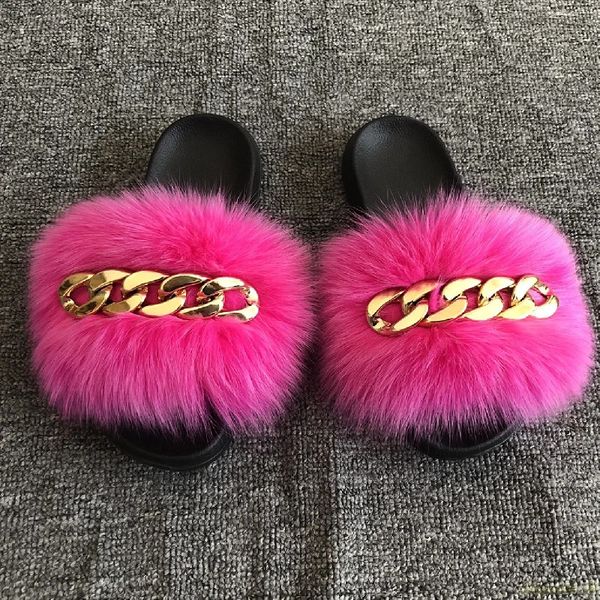 Fluffy Flip Flops Real Fox Raccoon Fur Slippers Golden Chain Furry Fur Slides Plush Beach Slippers Women Summer Sandals 240910