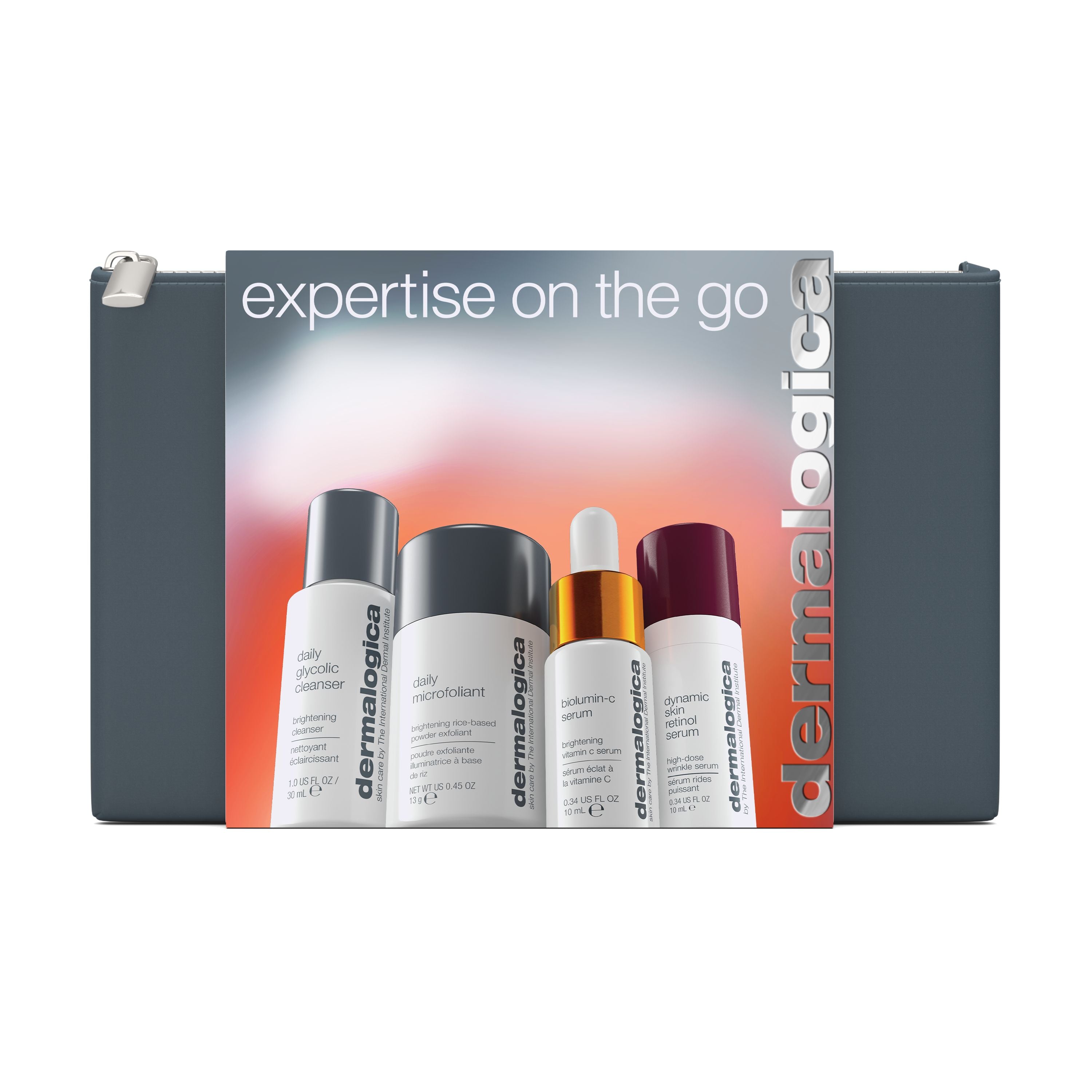 Expertise On The Go Set Dermalogica: Daily Glycolic Cleansing Gel Face 30 ml + Daily Microfoliating Exfoliating Powder 13 g + Biolumina-C Vitamin C Br