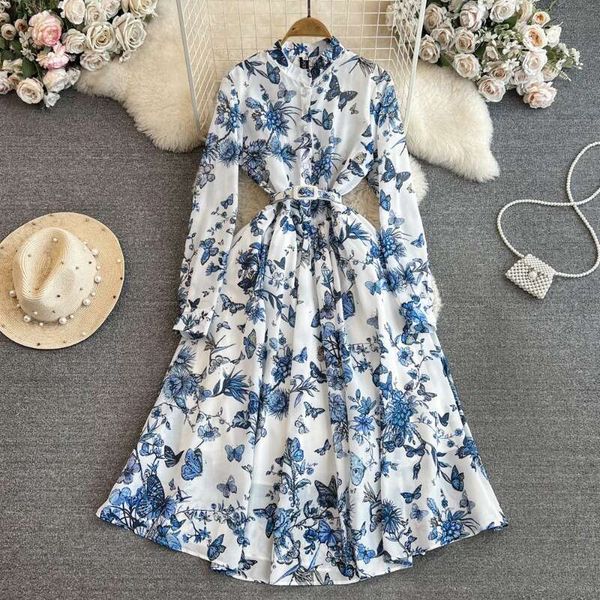 Spring and Autumn Celebrity Elegance Style Sleeved Standing Neck Waist Wrapped A-line Printed Dress Elegant Big Swing Long Skirt Slimming Ro