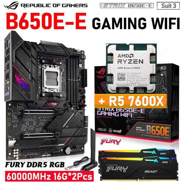 Socket AM5 CPU R5 7600X Asus ROG STRIX B650E-E GAMING WIFI AM5 AMD B650 Motherboard Suit DDR5 Memory 6000MHz 16G*2Pcs R5 7600X