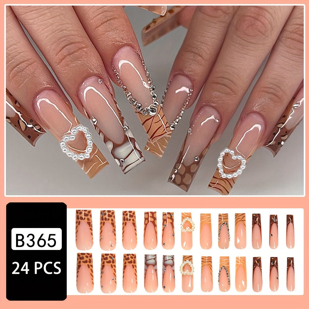 TEMU 24pcs Elegant French -on Nails Set With Sparkling Rhinestones & Pearls - Long Square, Glossy Finish In Brown-yellow - Includes Jelly Adhesive &