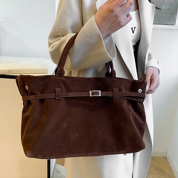 Trendy Autumn Brown Tote Bag Womens Retro Suede Large Capacity Shoulder Bag Belt Buckle Ladies Underarm Bag Bag 241112