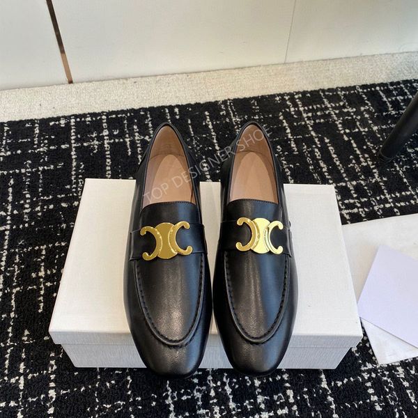 golden Buckle decoration loafers flat Dress shoes Apron toes Slip-on shoes Genuine Leather women luxury Women&#039;s Office leather shoes Si