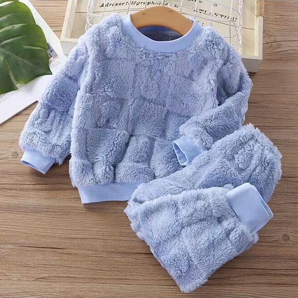 W1 Autumn and Winter Flannel Children&#039;s Package Solid Color Boys&#039; Plush Thickened Home Fur Girls&#039; Warm Sleepwear Set