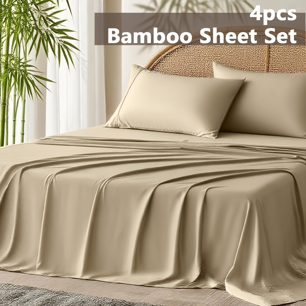 TEMU 4pcs Bamboo Fiber Bed Sheet Set – Ultra- Green Bedding With Deep Pocket Fitted Sheet For 18"-24" Mattress, Wrinkle-resistant Pillowcases & Flat