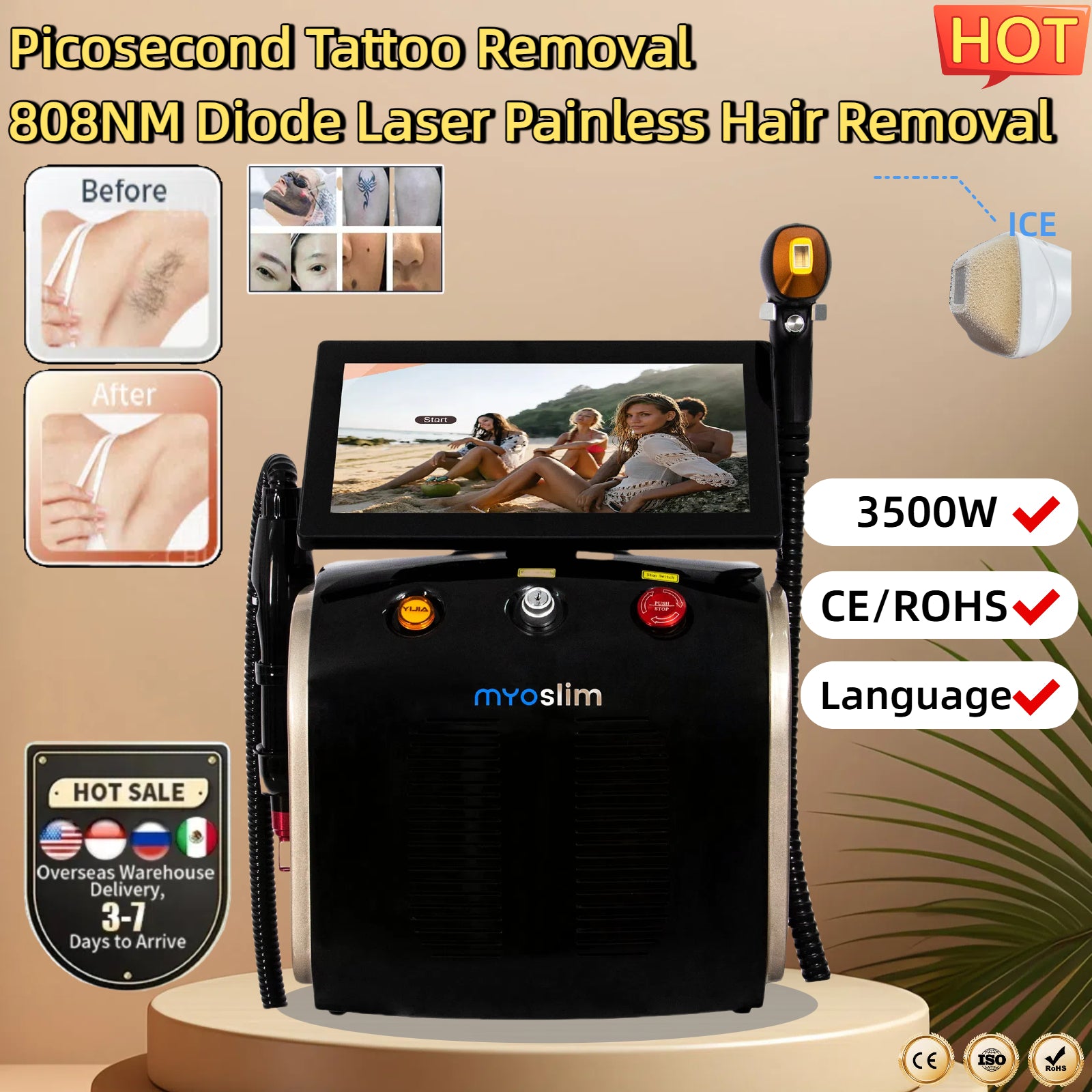 3500W Desktop 2-in-1: 808nm Diode Laser with Cooling for Painless Hair Removal & Picosecond for Tattoo and Melanin Removal