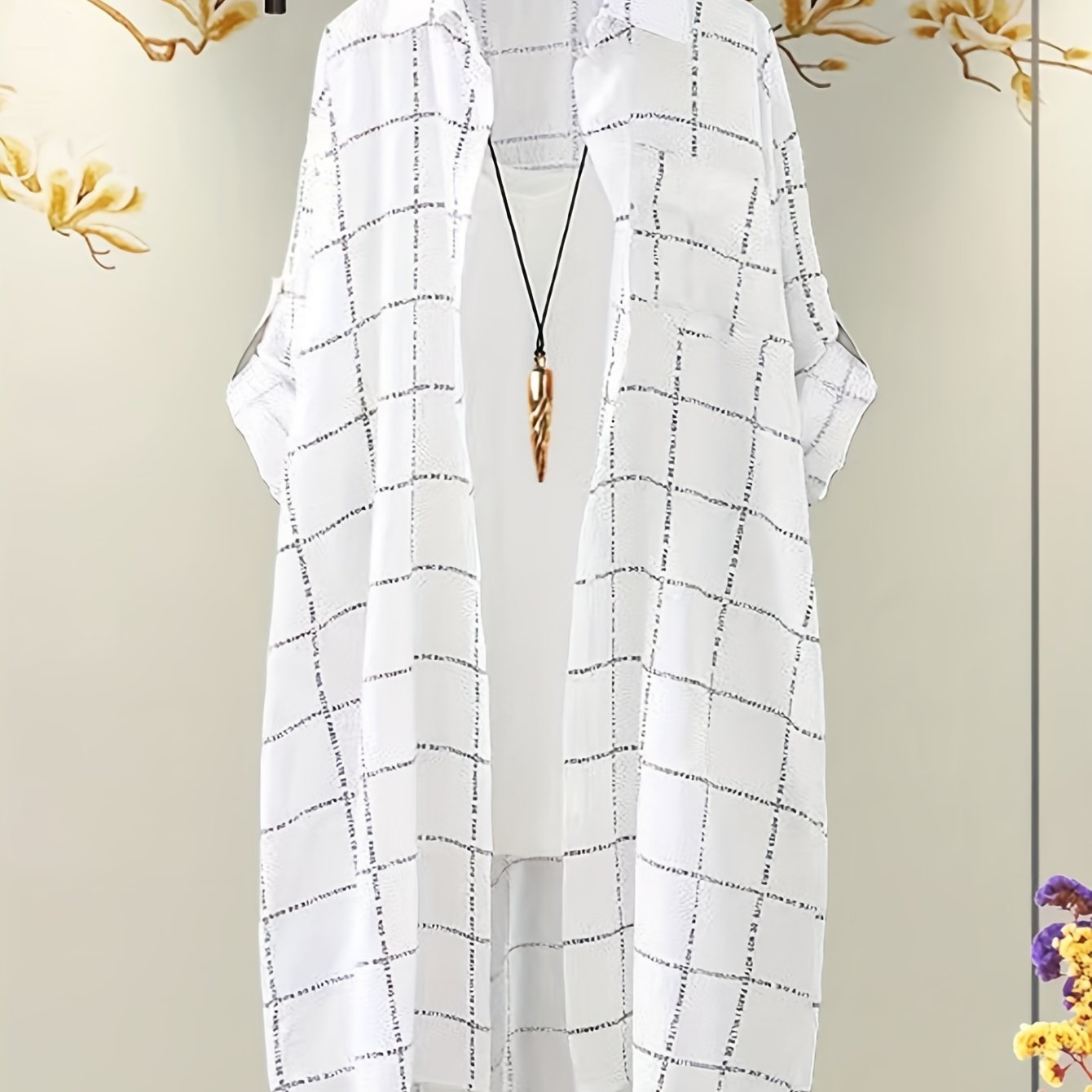 TEMU A White Mid-length Chiffon Sun-protective Jacket With A Checked Shirt For Women's Autumn And Winter, Loose Outerwear, And A Light Long-sleeved