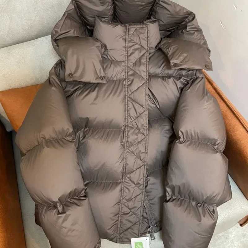 European style down jacket womens small hoodie inflatable jacket warm coffee cut hooded jacket 2024 winter new item W241019