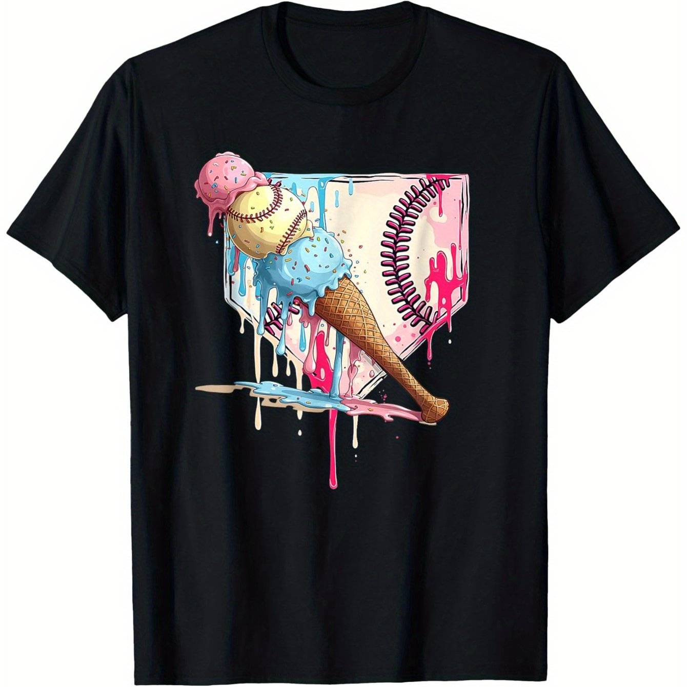 TEMU ' Cotton Crew Neck T-shirt, , Fit, With Ice Cream And Baseball Print, For Aged 12 And Under, Casual Wear | Tee | Durable Knitwear, T Shirts