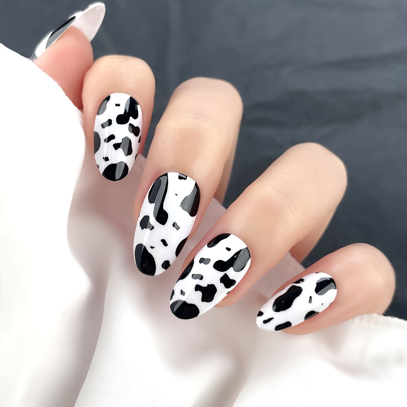 TEMU Black And Print 28pcs Long Oval Reusable Nail Plates & Grinding Strip & Jelly Glue, Cow Print Fashion Outfit