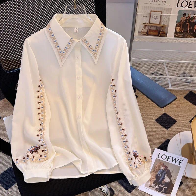 Women&#039;s Blouses Elegant Embroidery Women Turn-down Collar Single Breasted Work Wear Shirts White Floral Loose Versatile Long Sleeve Tops