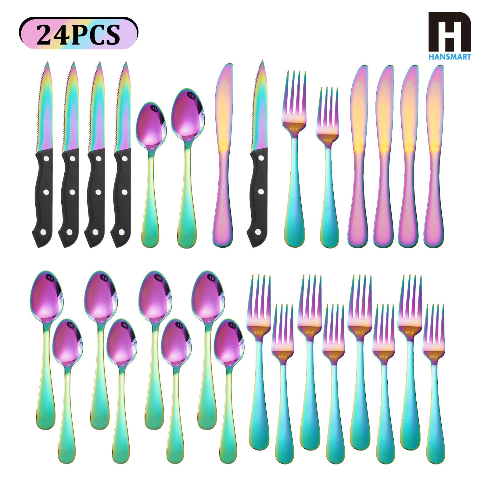 TEMU 24pcs Modern Flatware Set, Stainless Steel Silverware Set With Steak Knife For 4, Rainbow--rose Gold Cutlery Set, Mirror Polished, Ideal For