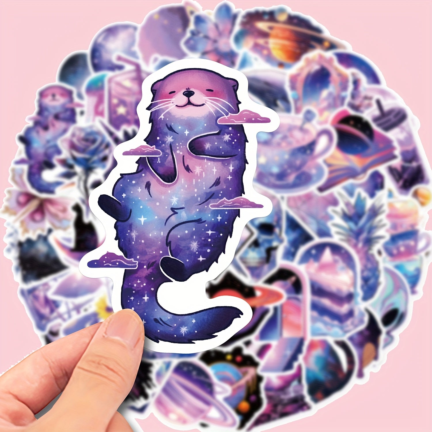 TEMU 50pcs -themed Vinyl Stickers - Reusable, For Laptops & Phone Cases - Cat & With Whimsical Animal & Planet Illustrations