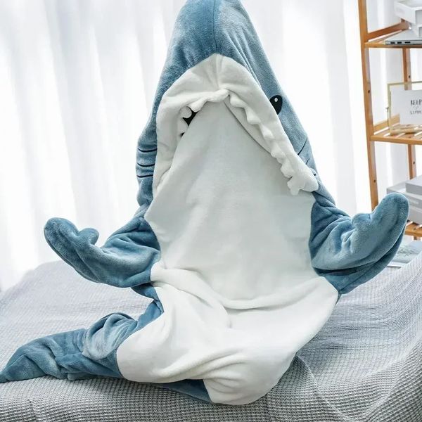 Cartoon Shark Blanket Hoodie Women Kigurumi Playsuit Kids Parents Hooded Warm Flannel Funny Homewear Shark Onesie Sleeping Bag 250121