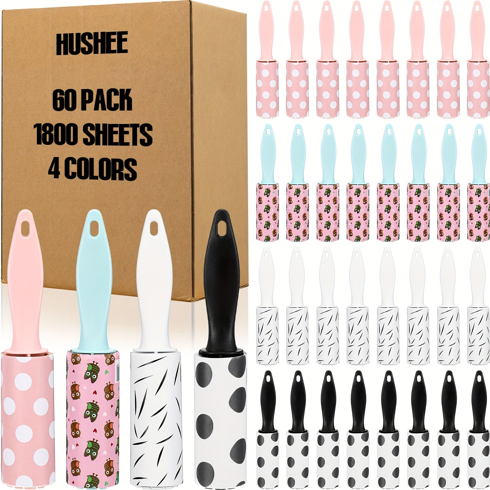 TEMU 60pcs Bulk Mini Lint Rollers For Pet Hair Removal - (pink, Blue, White, Black) With 4 Patterns (polka Dots, Stripes, , Solid) - Portable Travel