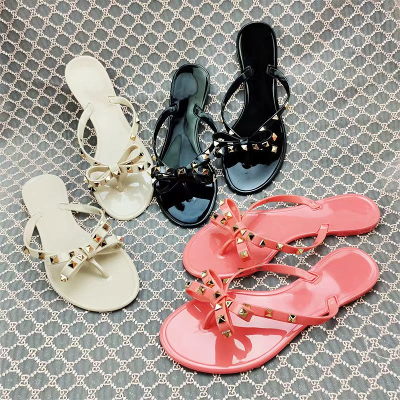 Slippers 2022 Women&#039;s Bow Flat Platform Sandals Designer Classic Print Candy Color Jelly Beach High Heel Flip-Flops Non-Slip Rubber 35-41