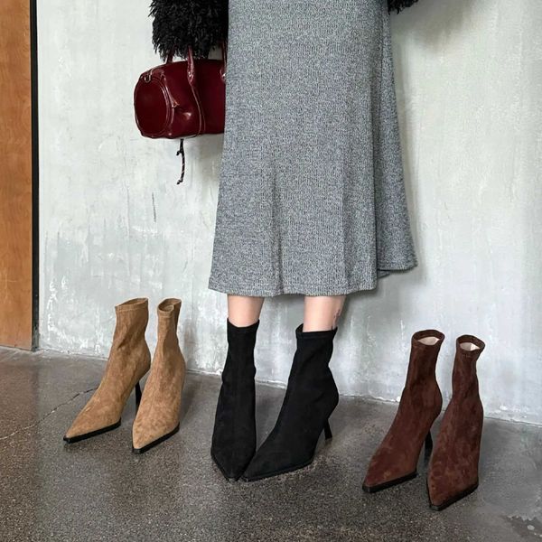 Designer Boots Bailamos 2024 Winter Brand Wen Short Boots Thin High Heel Dress Pumps Shoe Fi Pointed Toe Ladies Elegant Ankle Boots Muje Y24