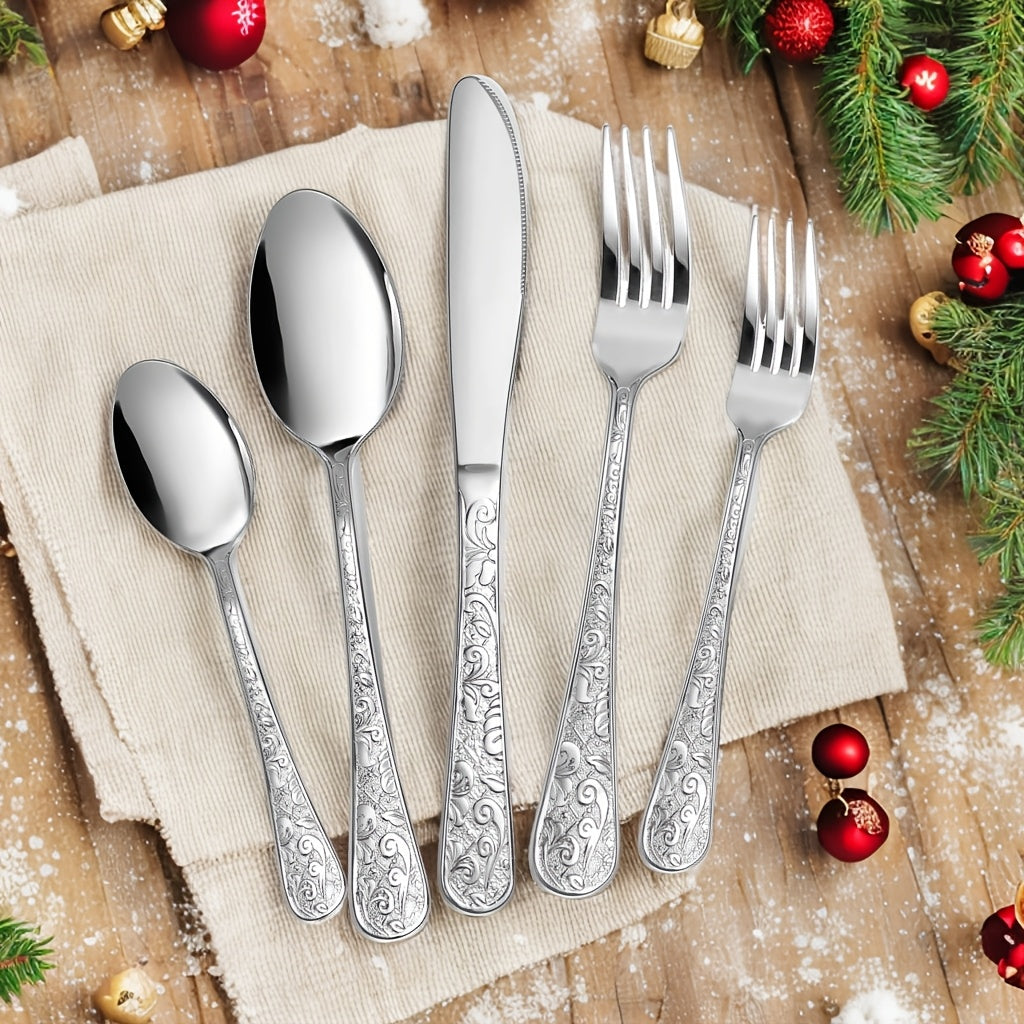 TEMU 40pcs Vintage Carved Silverware Set For 8 , Stainless Steel Flatware Set With Knife-fork-spoon, Kitchen Must-have Utensil Set, Family Feasts And