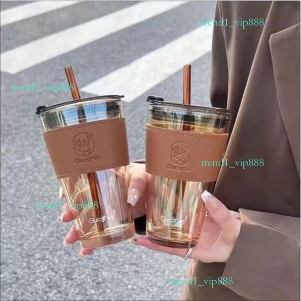 Water Bottles cup Stripe Glass cups Transparent Glasses With Lid And Straw Ice Coffee Mug Tea Literary sense cups with lid and straw 021