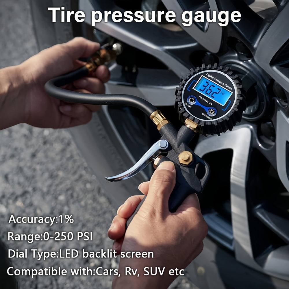 TEMU Pressure Gauge, Digital Tire Pressure Gauge, 250 Psi(heavy Duty Connect Fittings), 0.1 Display Resolution, Tire Gauge, Medidor De Aire De
