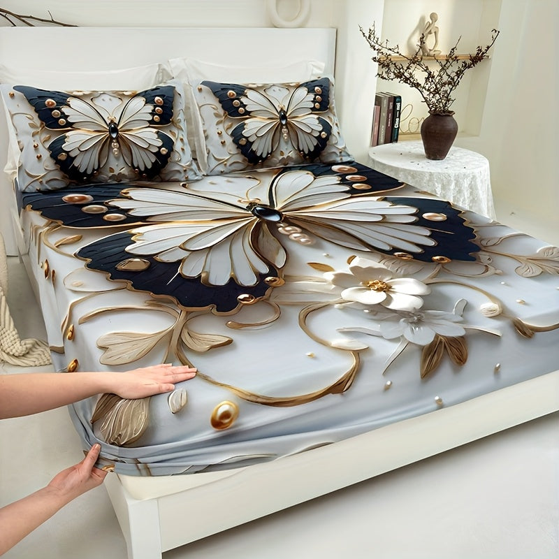 TEMU 3pcs Black White Flower Bed Sheet (1pc Bed Sheet+2pcs Pillowcase No Filling), Deep Pocket In 15 Inch Machine Washable, Hypoallergenic, High