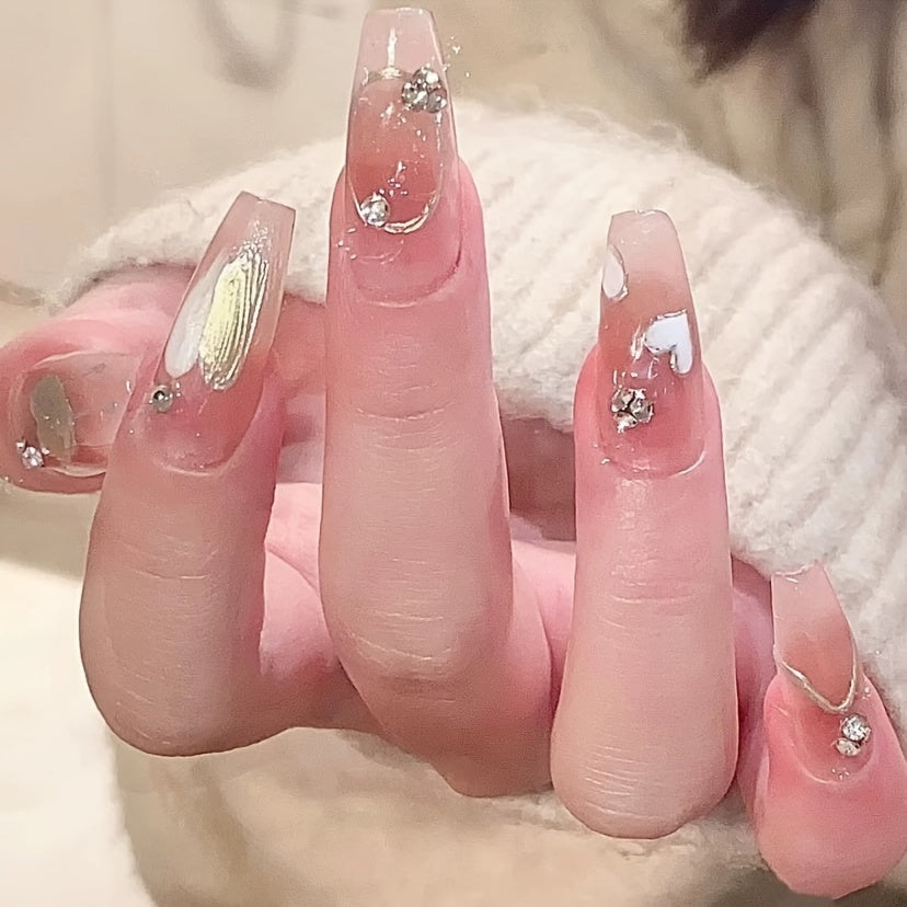 TEMU Chic Heart-shaped Gradient Press-on Nails - Medium Square, Glossy Finish | Care