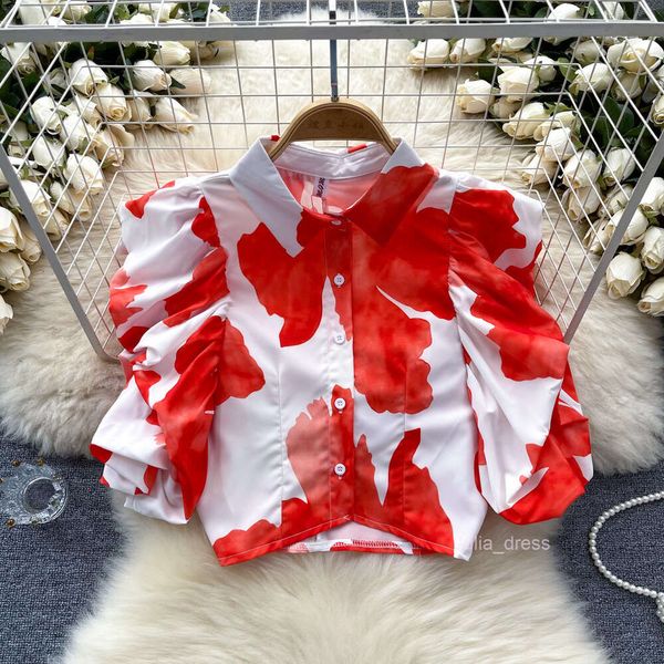 Unique and niche shirt womens design with pleated bubble sleeves printed short commuting womens clothing French top trend