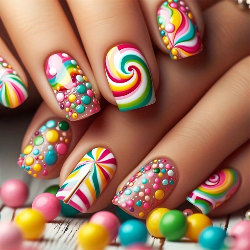 TEMU 48pcs Sweet Lollipop Press-on Nails - Colorful Polka Dot & Designs, Glossy Short Square Fake Nails With Nail File & Jelly Glue For Women & All