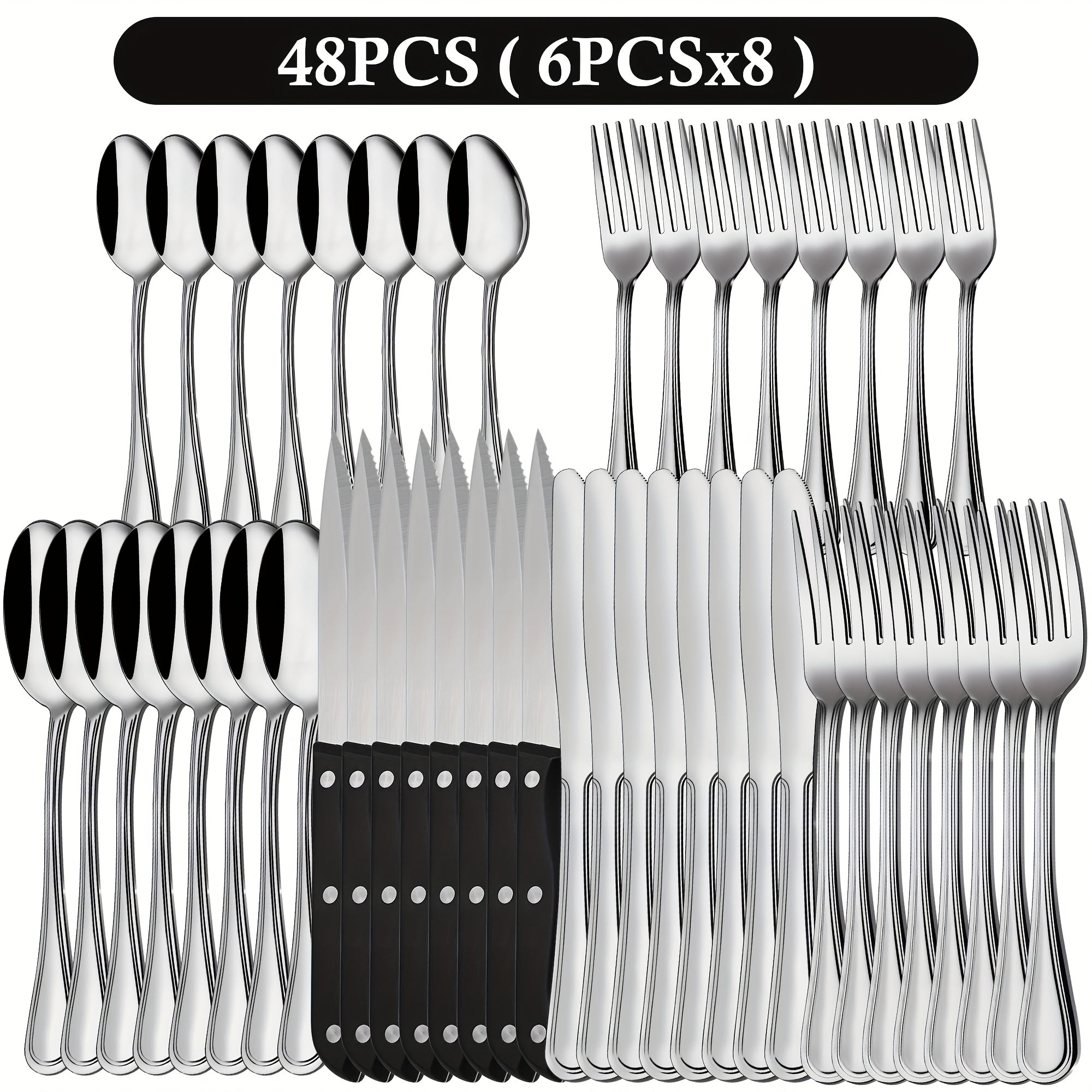 TEMU 24-48pcs Silvery Cutlery Set With 4-8 Classic Steak Knives, Stainless Steel Tableware Set, Kitchen Utensil Set, Suitable For Wedding Decor,